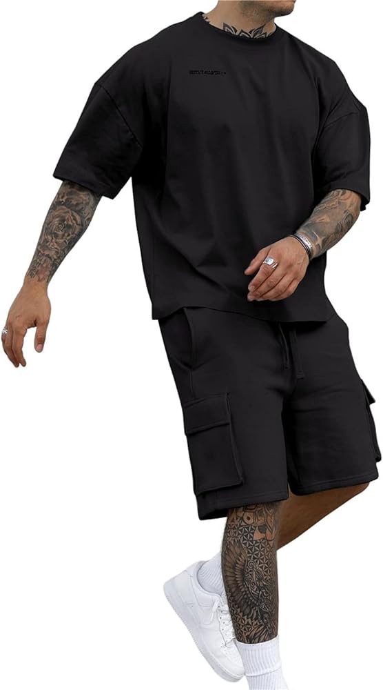 Mens Short Sets 2 Piece Outfits - Casual Summer Short Sleeve Sweatsuits Sets for Men with Cargo Pocket