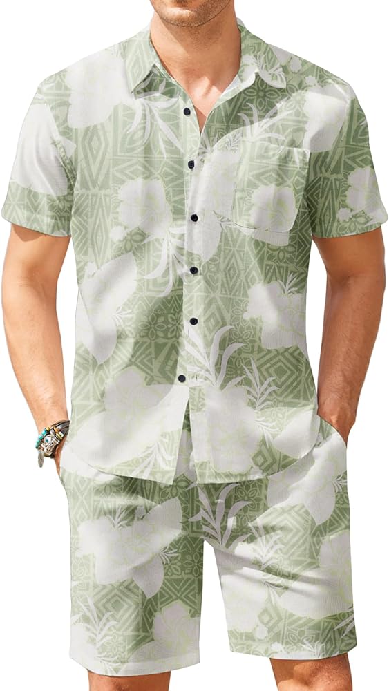 COOFANDY Men's Hawaiian 2 Piece Outfit Floral Matching Summer Beach Shirt and Shorts Sets