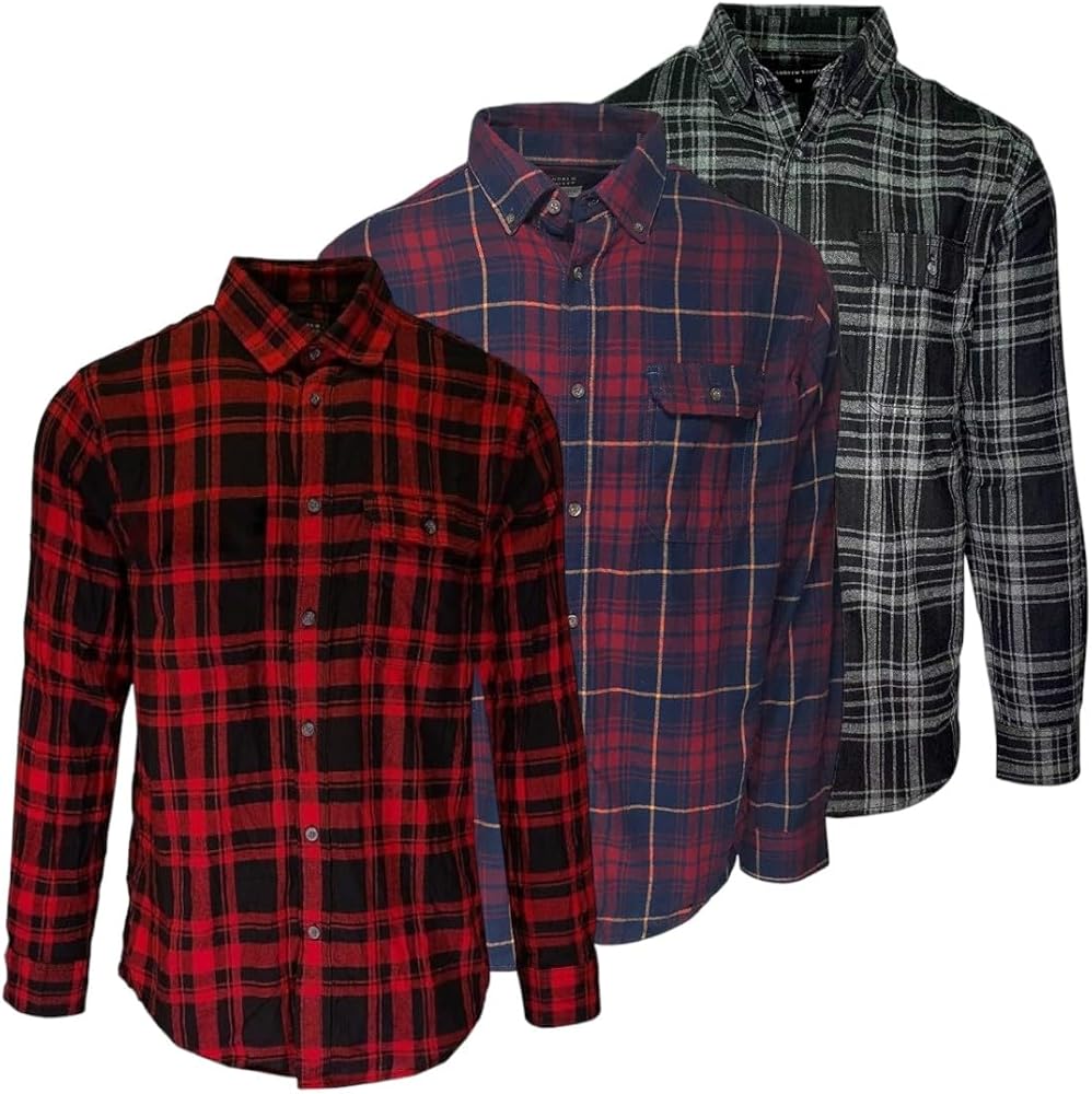 Andrew Scott Men's Cotton Flannel Shirts | Long Sleeve Button Down Casual Shirts | Multi Packs, Multi Plaids