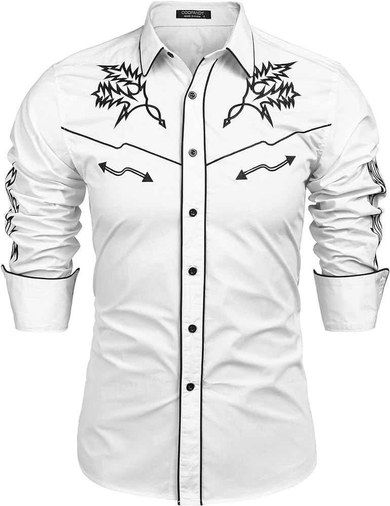 COOFANDY Men's Western Cowboy Shirt Embroidered Long Sleeve Cotton Casual Button Down Shirt