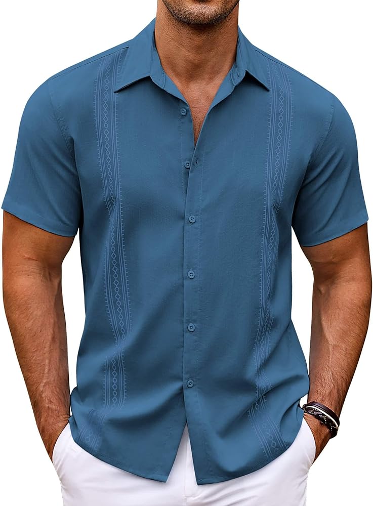 COOFANDY Men's Cuban Guayabera Shirt Short Sleeve Button Down Shirts Casual Summer Beach Shirts