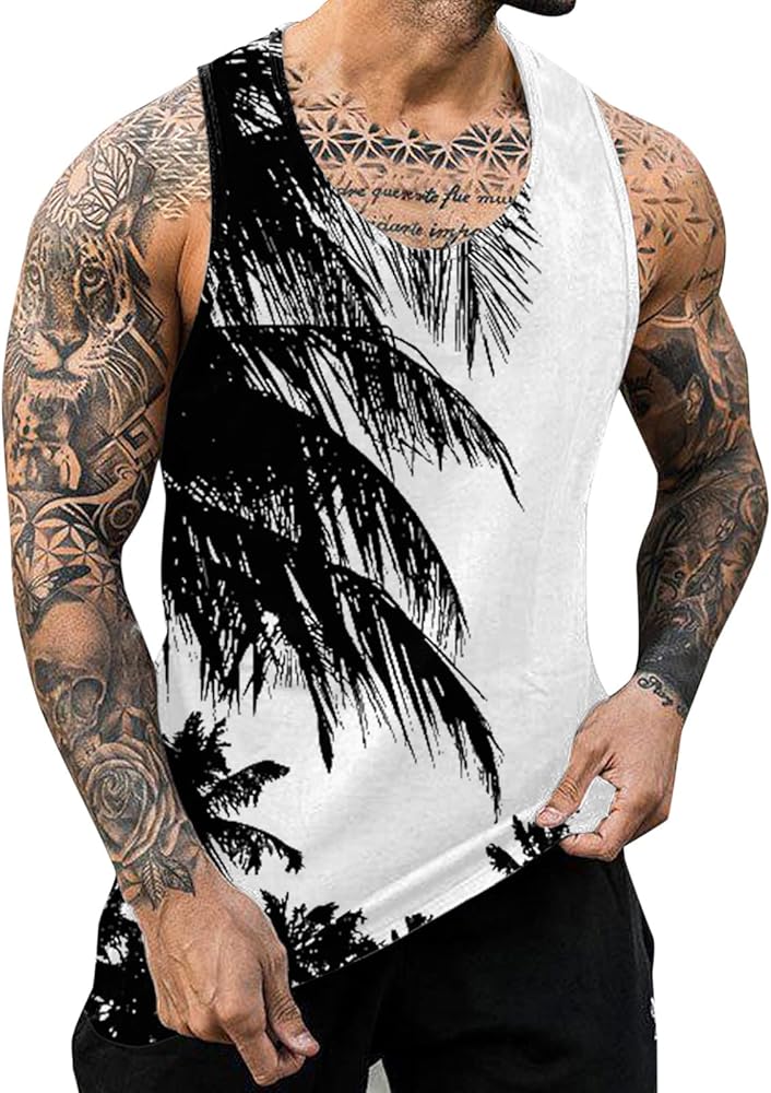 Mens Coconut Tree Print Tank Top Hawaiian Beach Tanks Shirt Palm Tree Tropical Casual Sleeveless Aloha Shirt