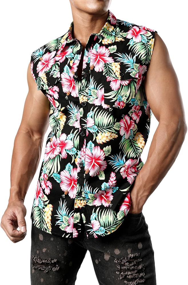 JOGAL Men's Sleeveless Flower Casual Button Down Hawaiian Shirt