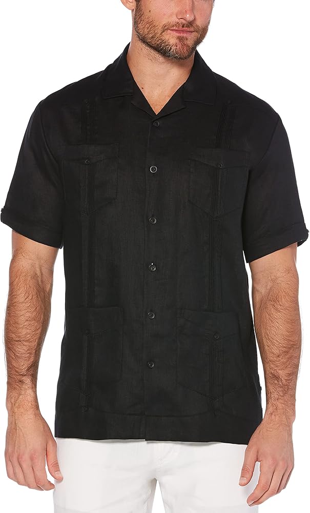 Cubavera Men's 100% Linen Short Sleeve Button-Down Guayabera Shirt with Four Pockets, Camp Collar, Pintuck Detail