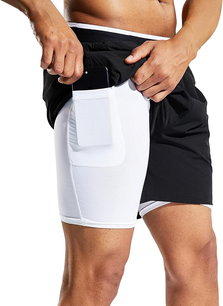 MIER Men's 2 in 1 Running Shorts with Liner 5" Quick Dry Gym Workout Athletic Shorts with Pockets, Lightweight, Breathable