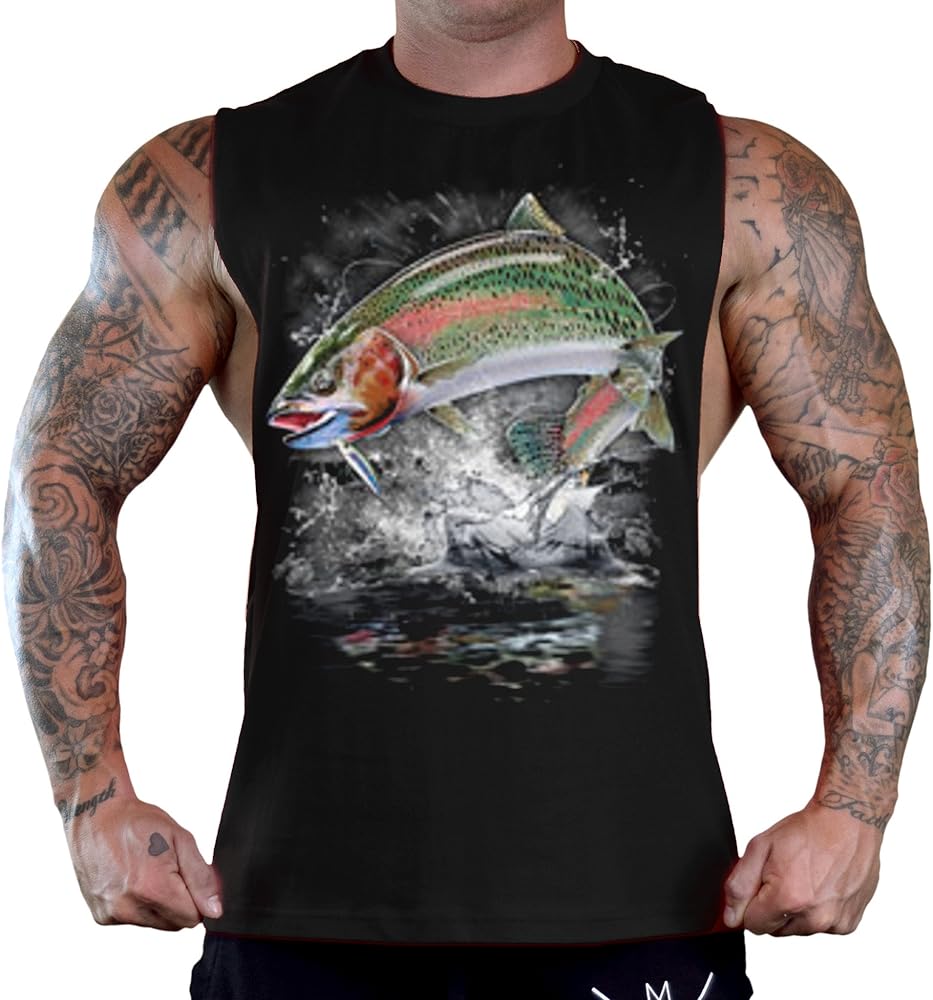 Splashing Rainbow Trout Fishing Tee Men's Black Sleeveless T-Shirt Tank Top