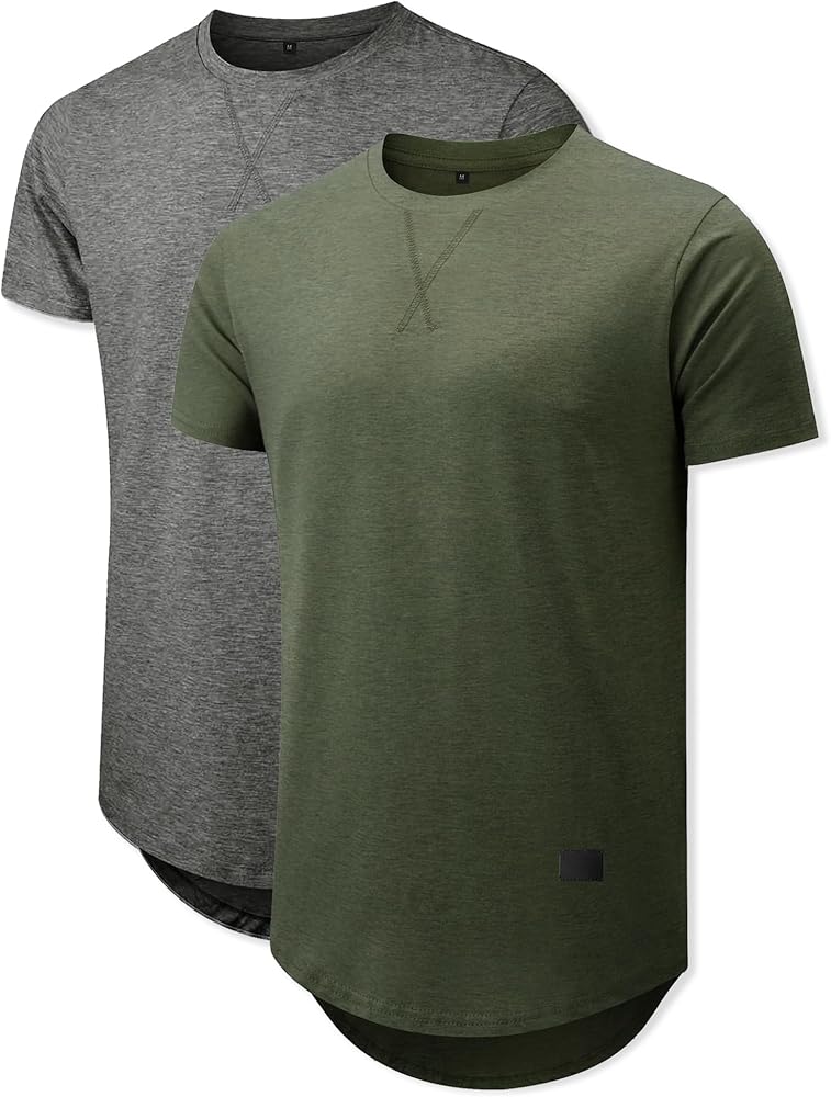 Mens 2 Pack Cotton Crewneck T-Shirts Hipster Hip Hop Longline Tees Shirts