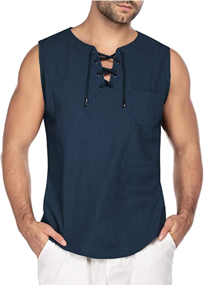 Men's Hippie Sleeveless Shirt Cotton Linen Solid V-Neck Lace Up Pocket Tank Tops Summer Outdoor Casual Breathable Beach Tops