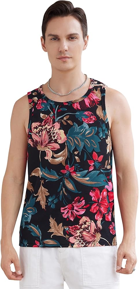 WDIRARA Men's Floral Print Sleeveless Shirt Round Neck Tank Tops Crewneck Tops