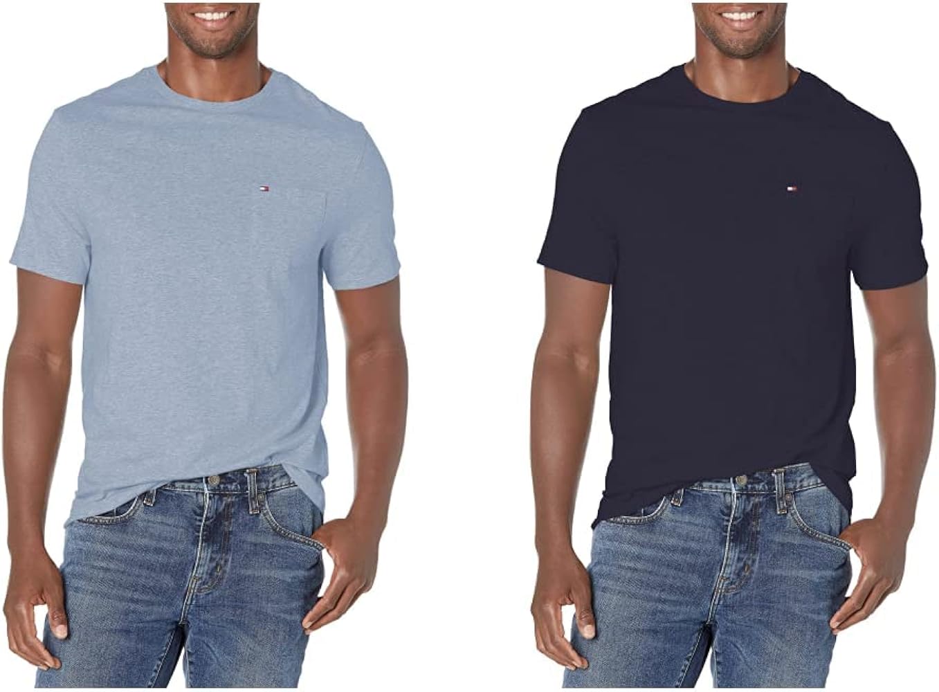 Tommy Hilfiger Men's Essential Short Sleeve Cotton Crewneck Pocket T-Shirt (Blue Heather/Navy Bundle)