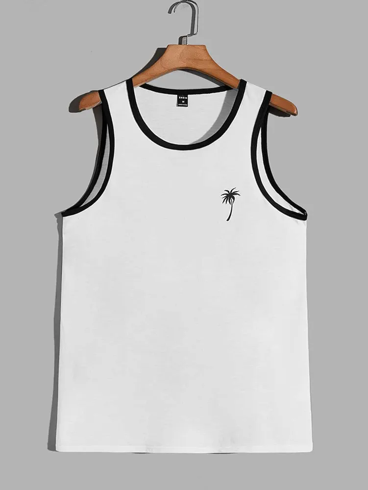 Men's T-Shirts Men Tree Print Contrast Binding Tank T-Shirts for Men T-Shirts (Color : White, Size : Small)