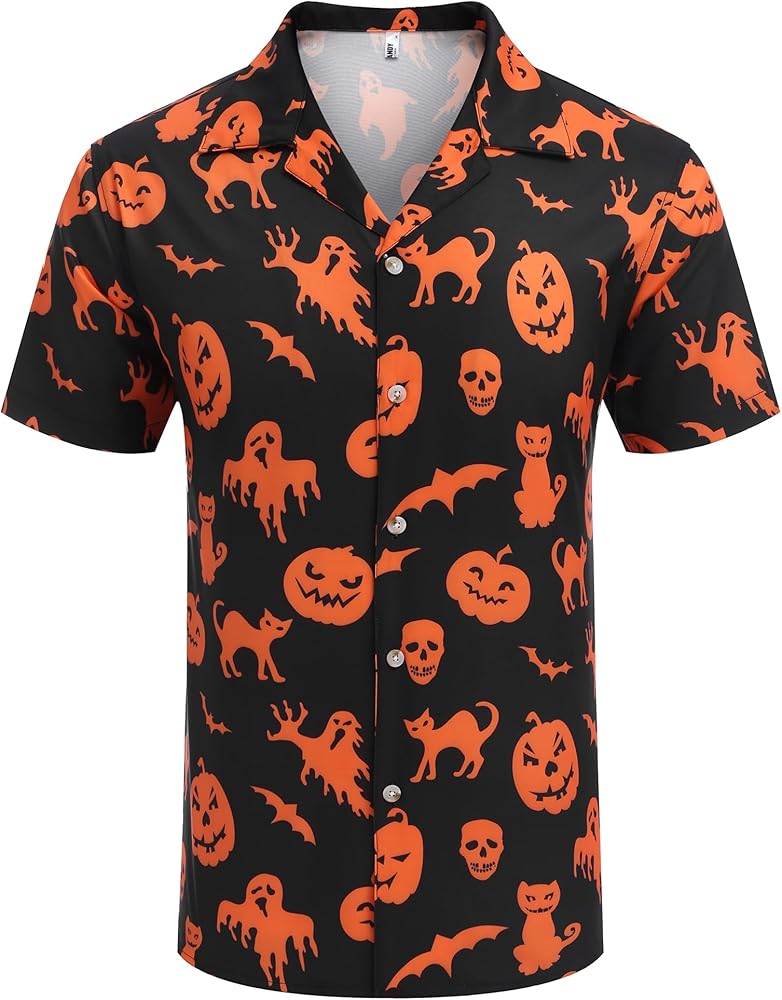 COOFANDY Halloween Button Up Shirts for Men Pumpkin Print Short Sleeve Beach Shirt