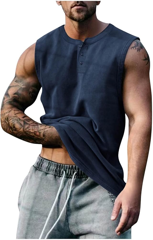 Men's Shirts Vest Casual Sleeveless Button Beach Retro Solid Color Round Neck Buckle Vest Shirts