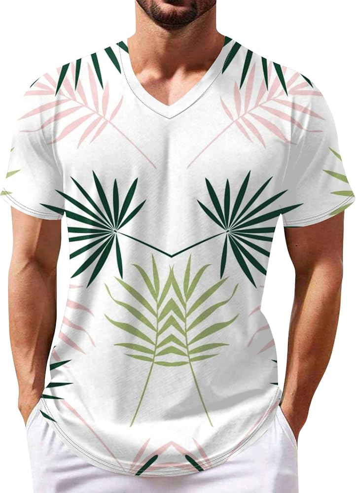 Men's Fashion Graphic T-Shirt Summer V Neck Short Sleeve Tees Casual Breathable Stretch Comfortable Tshirt Tops