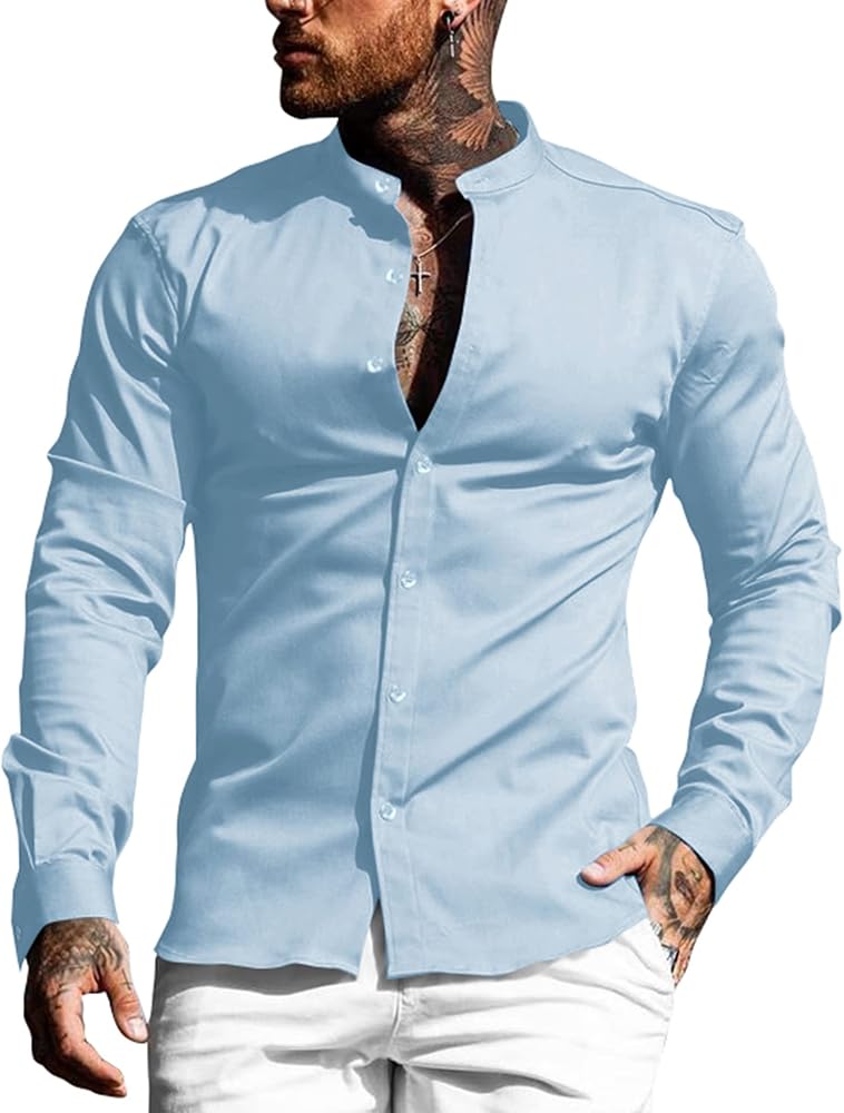 URRU Men's Muscle Dress Shirts Slim Fit Stretch Banded Collar Long&Short Sleeve Casual Button Down Shirt