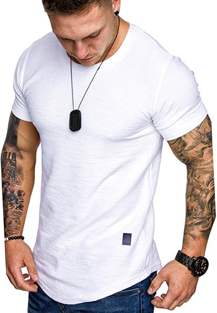 Mens Casual Short Sleeve T-Shirts Bodybuilding Muscle Fitness Gym Workout T Shirt (L, 07 White)