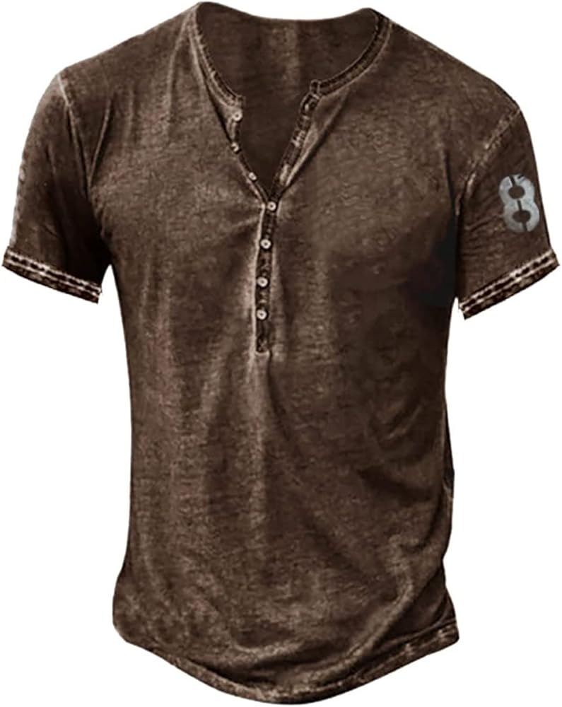 Mens Casual Slim Fit Basic Henley Distressed Short/Long Sleeve Fashion Summer T-Shirt Blouse Comfy Tee Tops