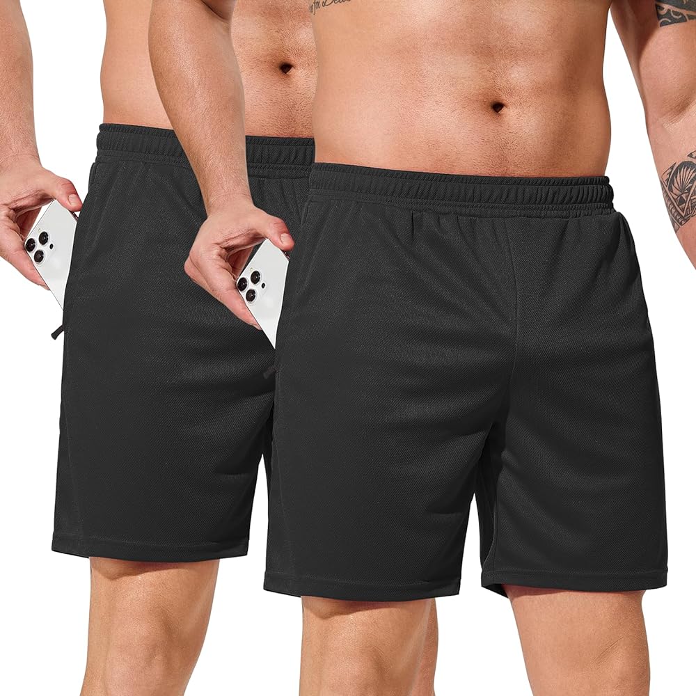 Mens Running Shorts Quick Dry Athletic Shorts 2~3 Pack Gym Shorts with Zipper Pockets