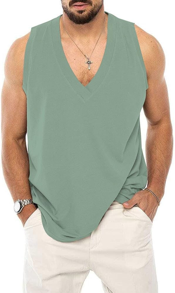 elselect Mens Muscle Tank Tops Casual Sleeveless V Neck T Shirt Loose Summer Tanks Gym Wear