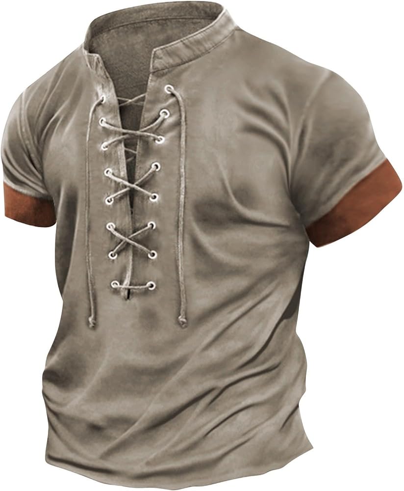 Mens Retro Style Henley Shirt Pirate Style Short Sleeve Lace Up T-Shirt Renaissance Vintage Casual Pullover