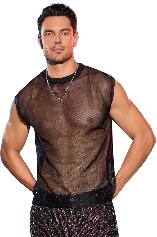 WDIRARA Men's Mesh Fishnet Tank Top See Through Sleeveless T Shirt Round Neck Party Tee Top