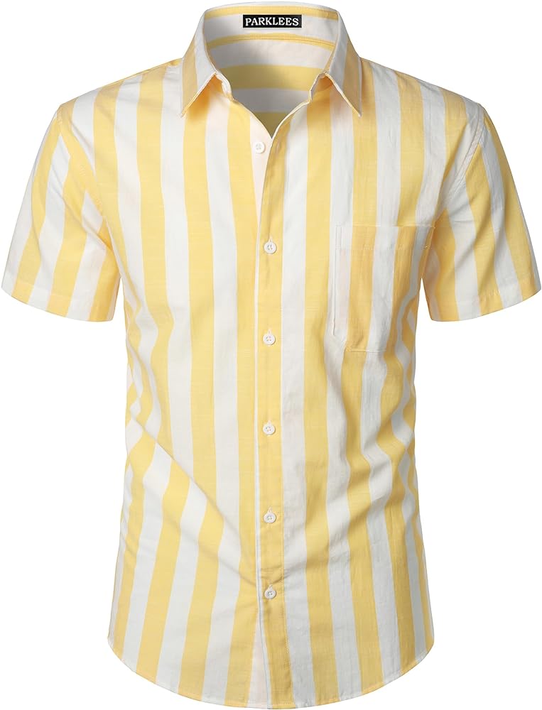 Men's Summer Casual Cotton Linen Striped Shirt Button Down Short Sleeve Shirts