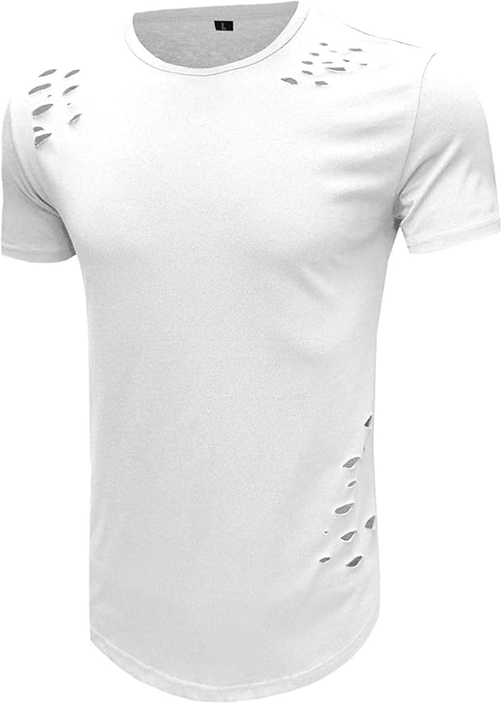 Mens Solid Color Ripped T-Shirts Short Sleeve Round Neck Hole Muscle Tee Plus Size Curve Hem Loose Shirt Tops