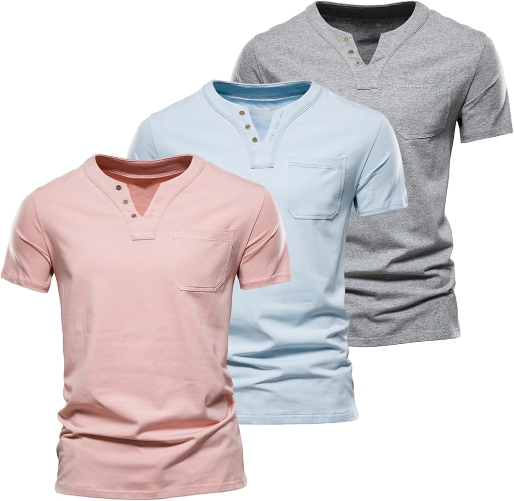 Men's Casual T-Shirt V Neck Henley Shirt Short Sleeve Tops Cotton Chest Pocket(Pink+Blue+Grey,S), Small