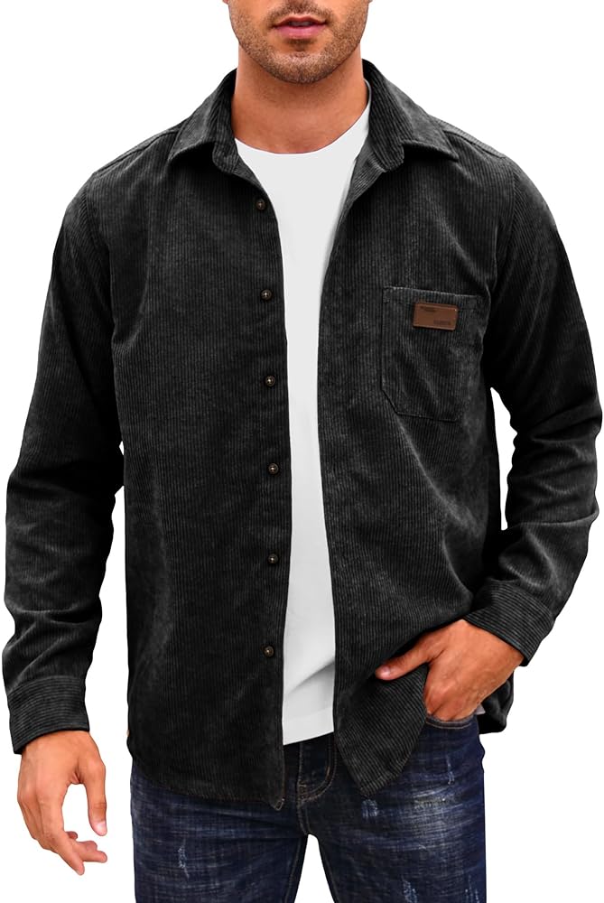 Lightweight Corduroy Button Down Jacket For Men Long Sleeve Work Shirts Shackets with Pocket