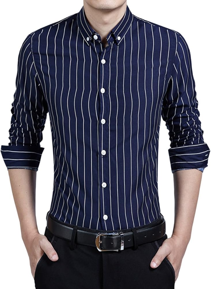 Men's Casual Business Vertical Striped Button Down Long Sleeve Dress Shirts