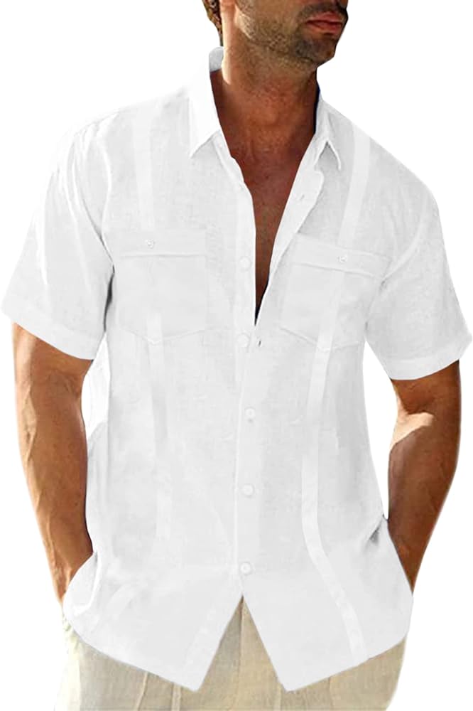 Mens Linen Guayabera Shirt Short Sleeve Button Down Summer Beach Cuban Camp Shirts Tops