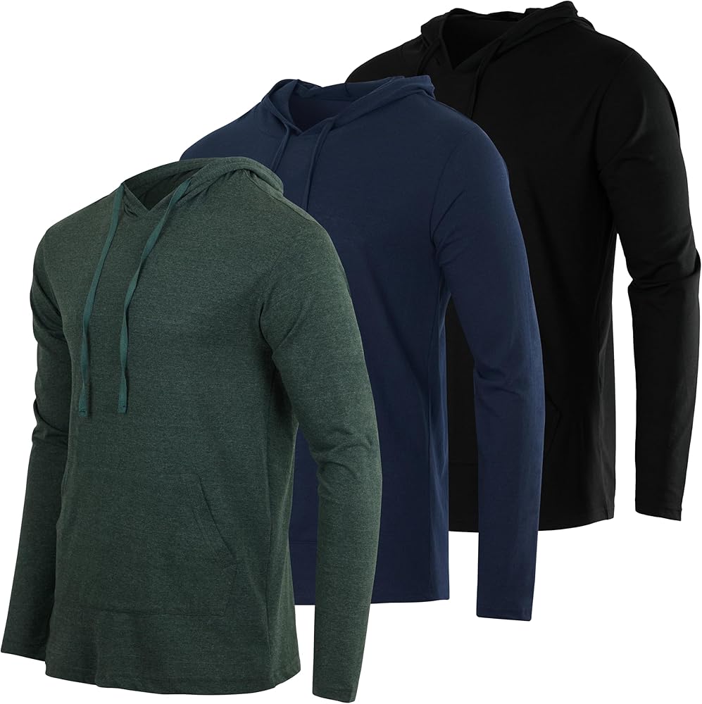 Real Essentials 3 Pack: Men's Cotton Lightweight Casual Pullover Drawstring Hoodie With Pocket (Available In Big & Tall)