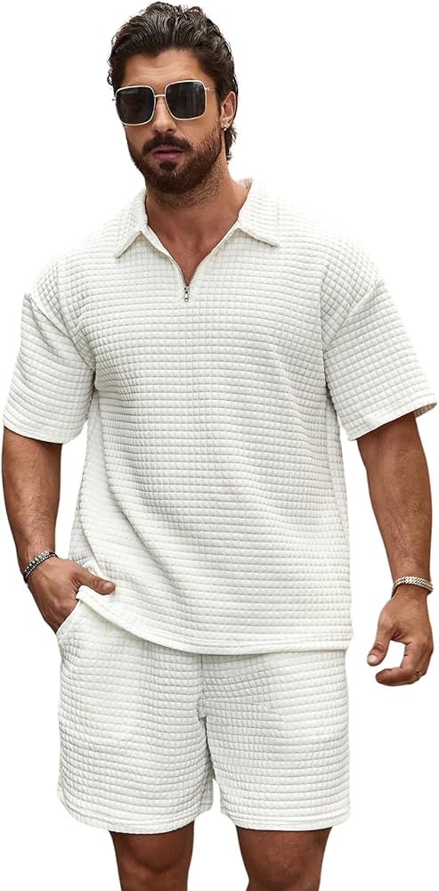 SOLY HUX Men's 2 Piece Shorts Set Waffle Knit Outfit Quarter Zip Textured Shirts Sets Vacation Outfits