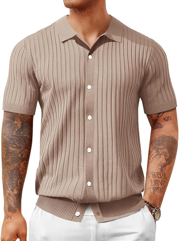 Mens Knit Polo Shirt Short Sleeve Button Down Golf Shirts Causal Ribbed Summer Beach Tops