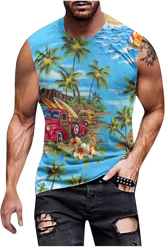 Mens Vintage Tank Tops Palm Tree Print T Shirt Tropical Beach Shirts Retro 70s 80s Tank Tees Novelty Summer Outfits