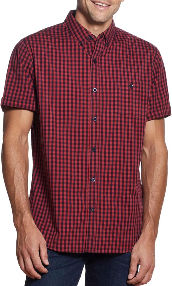 Weatherproof WP Men's Short Sleeve Woven Shirt | Button Down Casual Shirt | Poplin Neat Print & Gingham Check Plaid