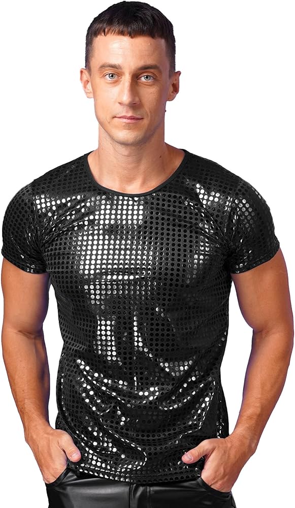 Men's Shiny Sequin Short Sleeves/Sleeveless Tank Vest T-Shirt Tee for Party Disco Nightclub Black Medium