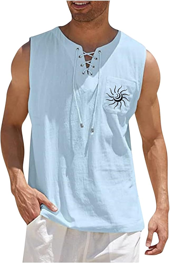 Men's Cotton Linen Tank Tops Stylish Sleeveless Lace Up with Pocket Shirt Casual Beach Summer Shirts