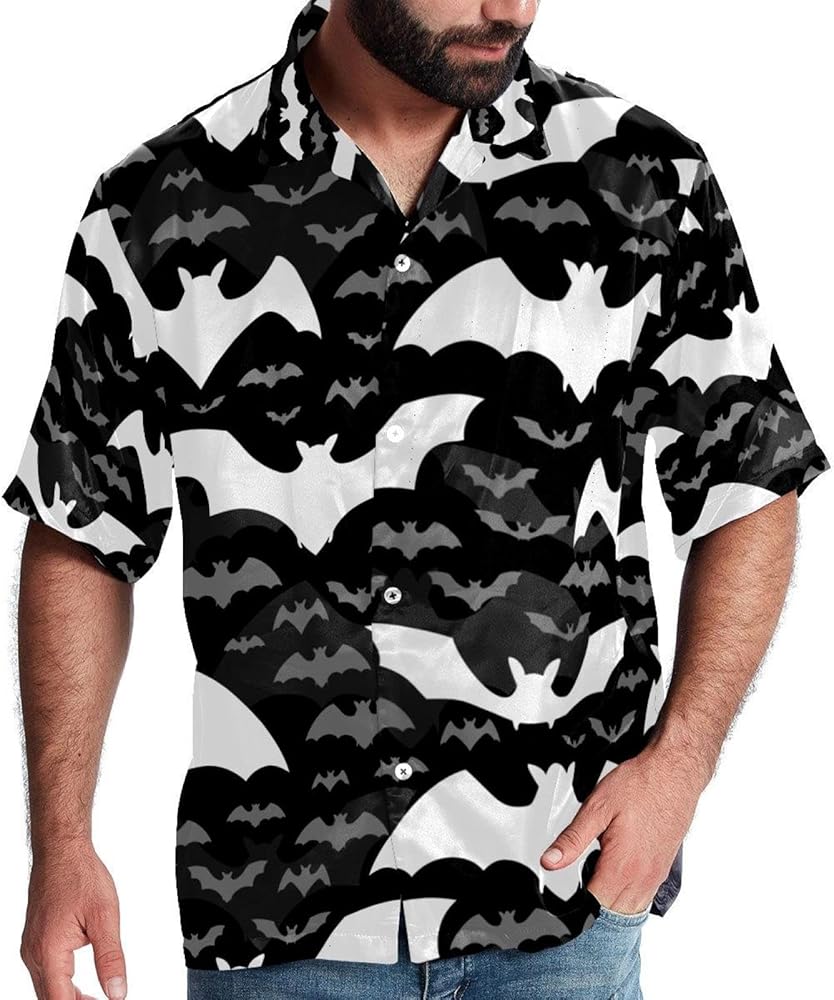 White and Grey Flying Bats Men Casual Button Down Shirts Short Sleeve