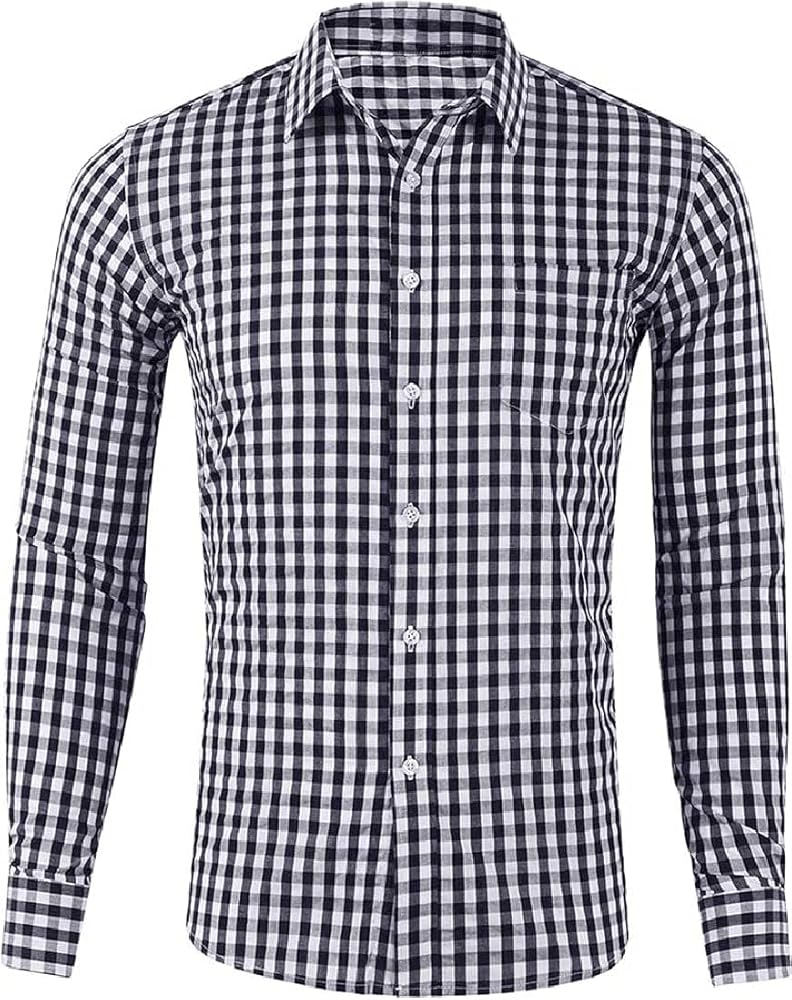 Cromoncent Men's Casual Plaid Checkered Long Sleeve Slim Fit Button Down Shirt Gingham Shirts