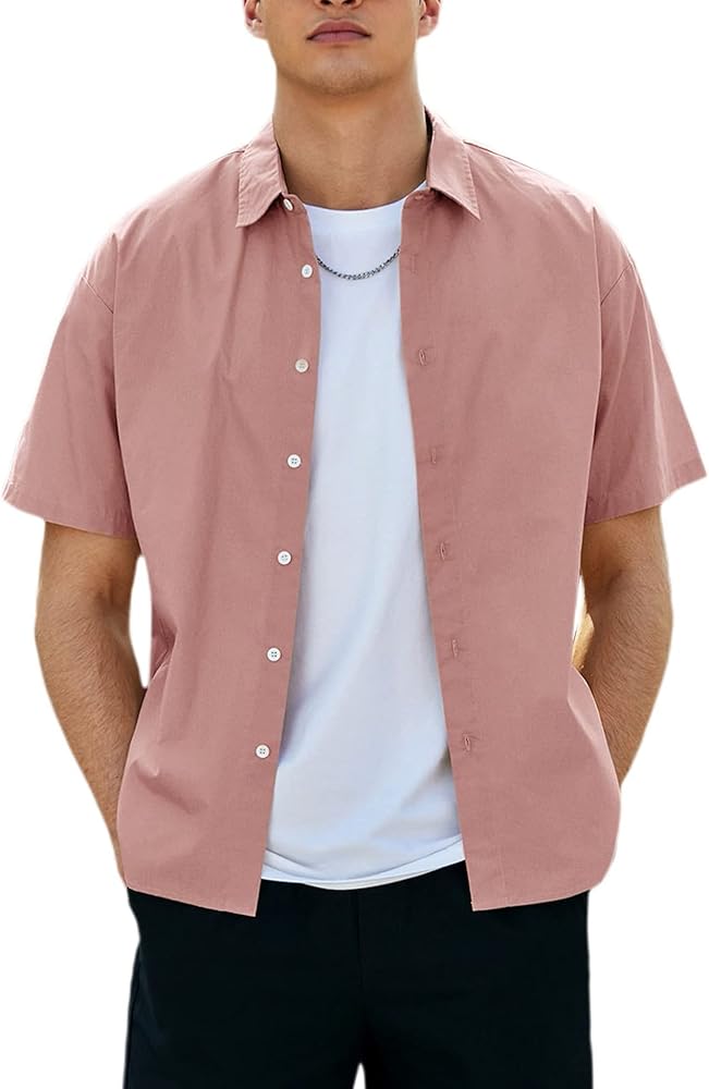 Verdusa Men's Casual Short Sleeve Button Down Summer Solid Tee Beach Shirts Dusty Pink XXL