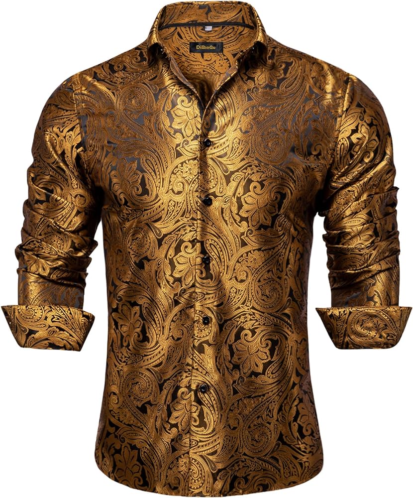 DiBanGu Mens Shirt,Silk Long Sleeve Button Down Paisley Dress Shirts for Men Party Wedding