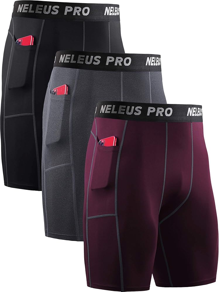 NELEUS Men's Compression Short with Pocket Dry Fit Yoga Running Shorts Pack of 3