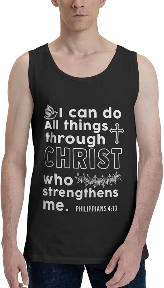 GHBC I Can Do All Things Through Christ Who Strengthens Me Tank Top Shirt Sleeveless Round Neck T Shirt Mens Cotton Tanks Black