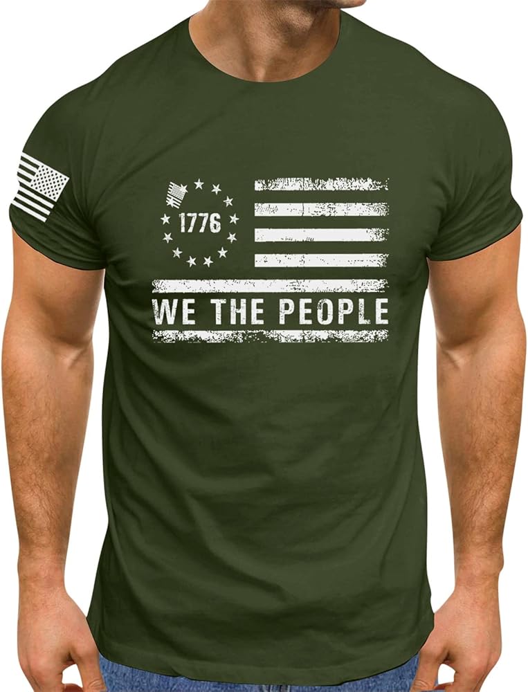 Men's Independence Day American Flag Printed Crewneck T-shirt Leisure Sports Tees Top Breathable Sweat Absorbing Shirt