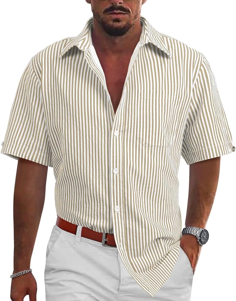 Mens Casual Button Down Short Sleeve Shirt Lightweight Cotton Dress Shirts