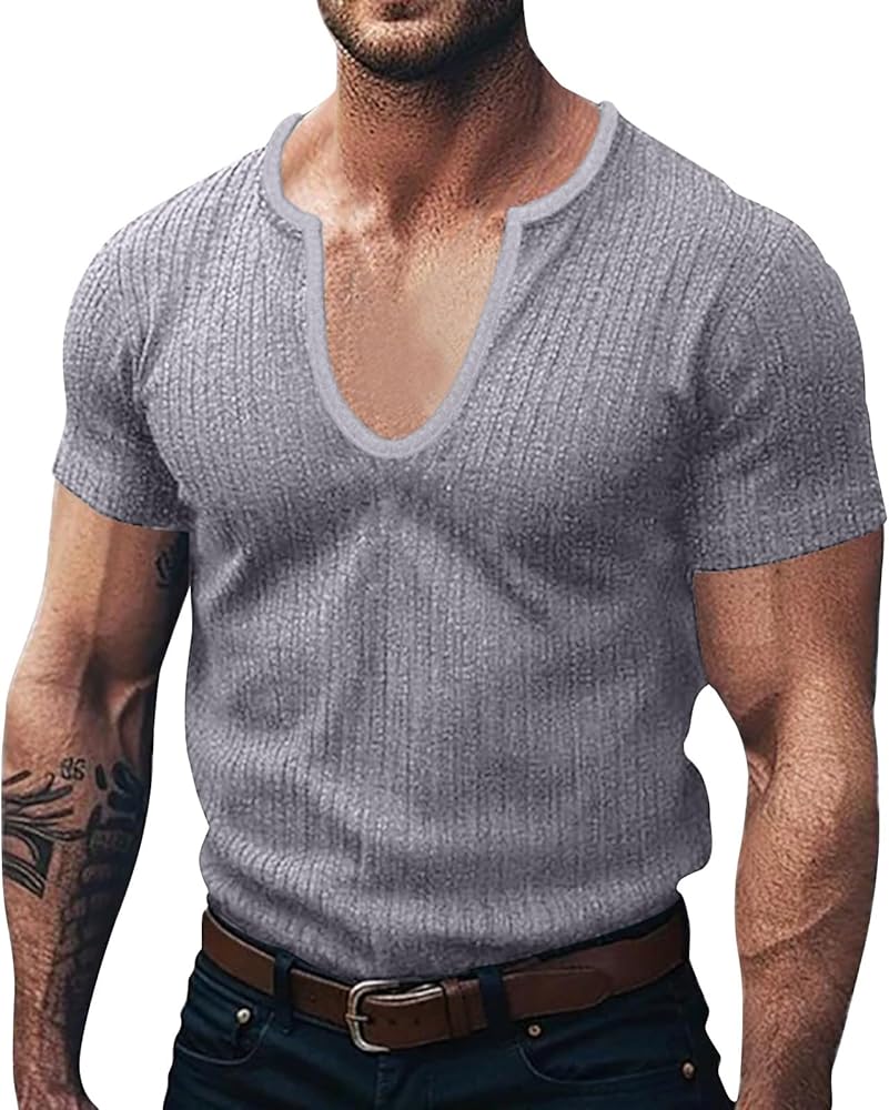 Striped Texture T-Shirts for Men Ribbed Knit Casual Tees Short Sleeve V Neck Shirts Gym Bodybuilding Tops