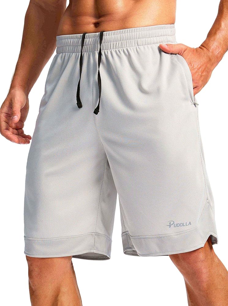 Pudolla Men's Basketball Shorts with Zipper Pockets 11" Long Gym Athletic Shorts for Men Lightweight Quick Dry