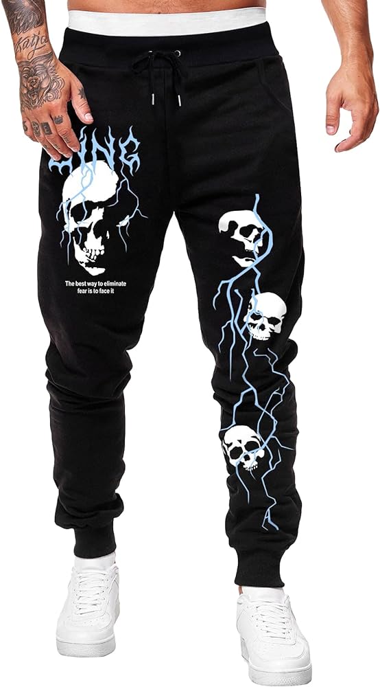 SOLY HUX Men's Graphic Skull Print Sweatpants Drawstring High Waisted Joggers Pants with Pocket