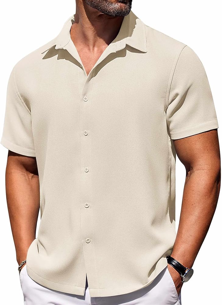 COOFANDY Mens Waffle Shirt Short Sleeve Button Down Shirts Casual Beach Vacation Shirts Textured Wrinkle Free Shirts